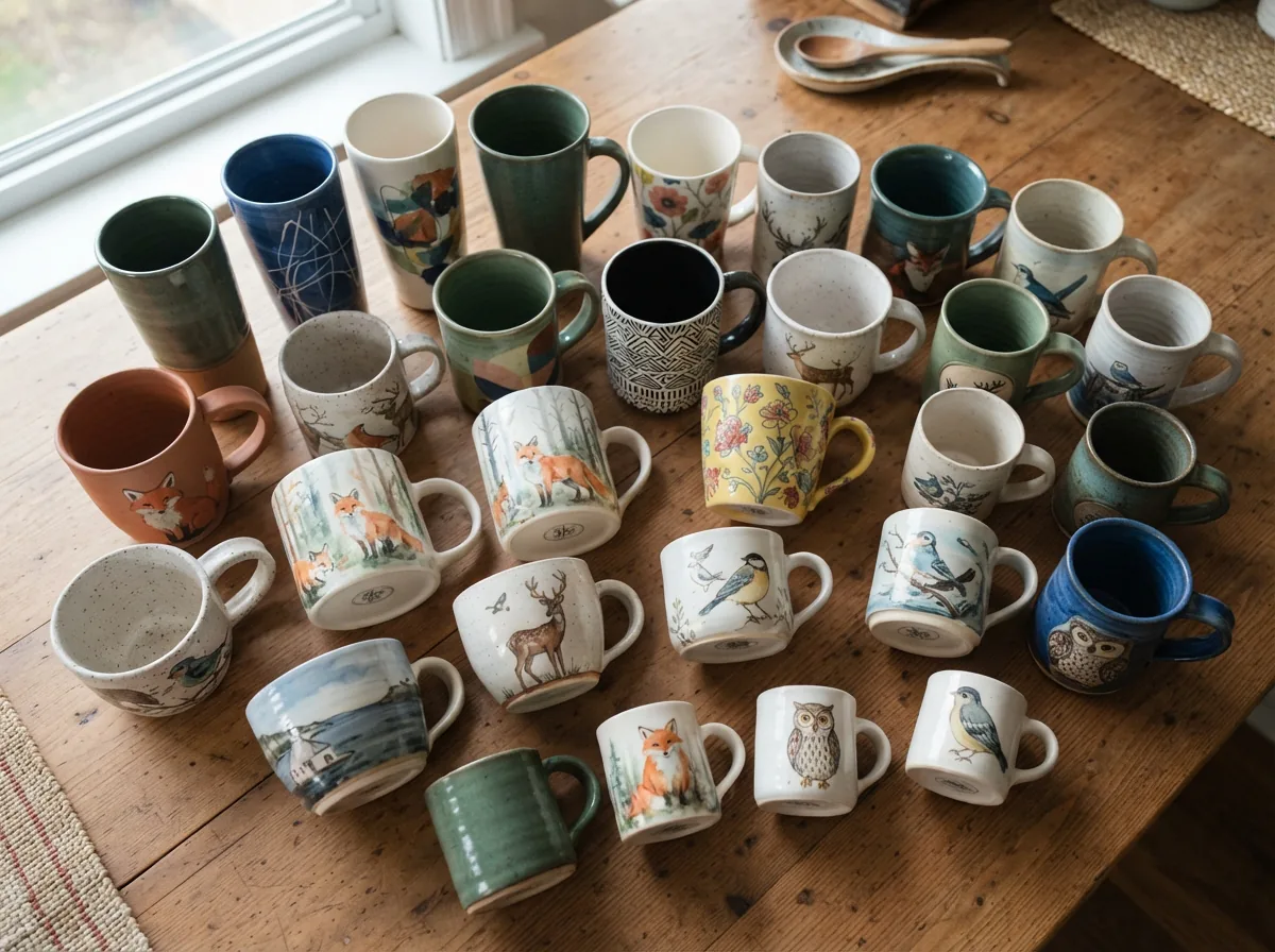 An arrangement showing Spectrum Designz mugs of different sizes and designs, highlighting the variety in the collection.