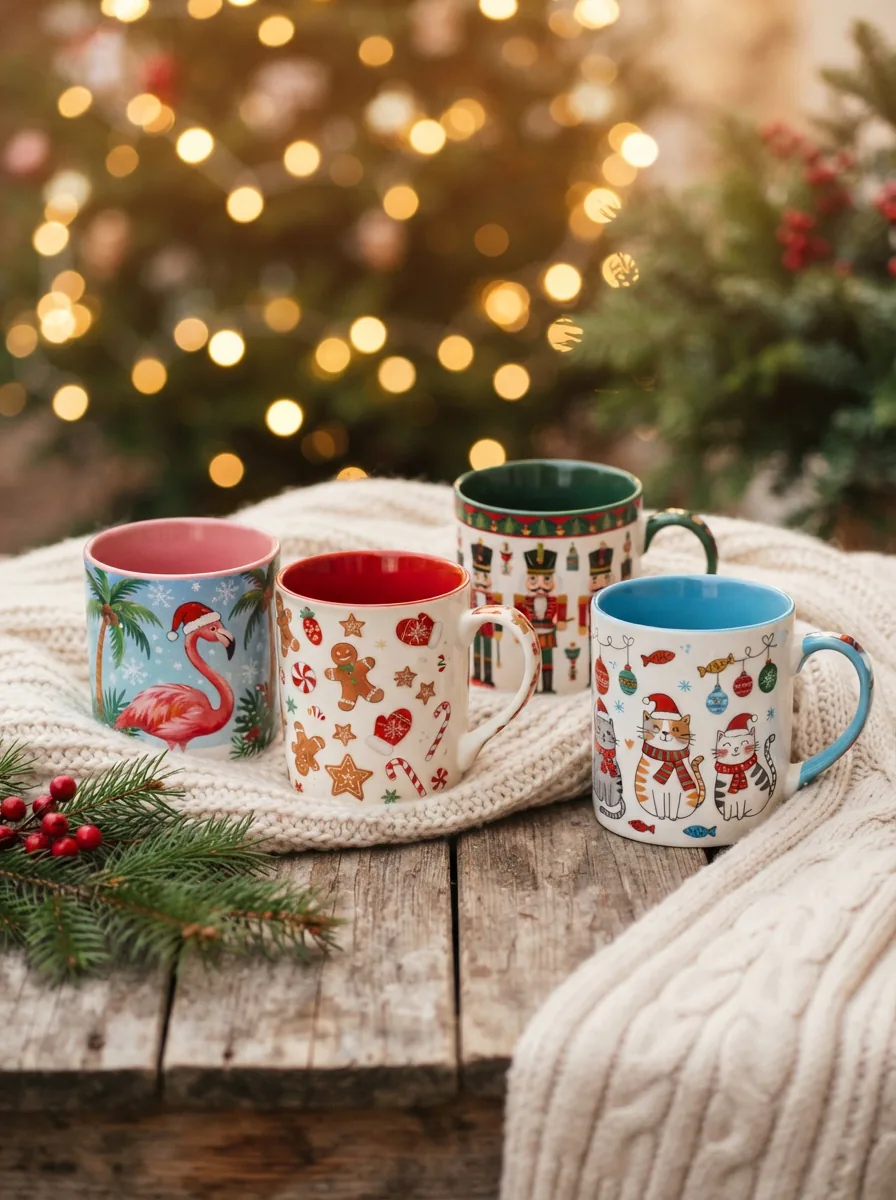 Group of Spectrum Designz Christmas mugs with varied festive designs on a winter-themed background.
