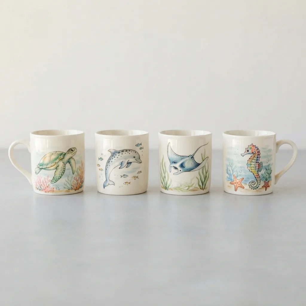 The set of four Spectrum Designz Peaceful Sea Animals coffee mugs, each with a different minimalist marine design, arranged in a row to display the collection.