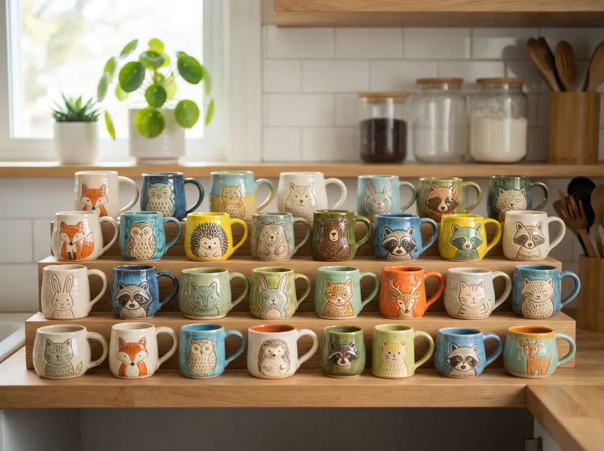 A collection of Spectrum Designz ceramic mugs with various animal designs displayed on a kitchen shelf.