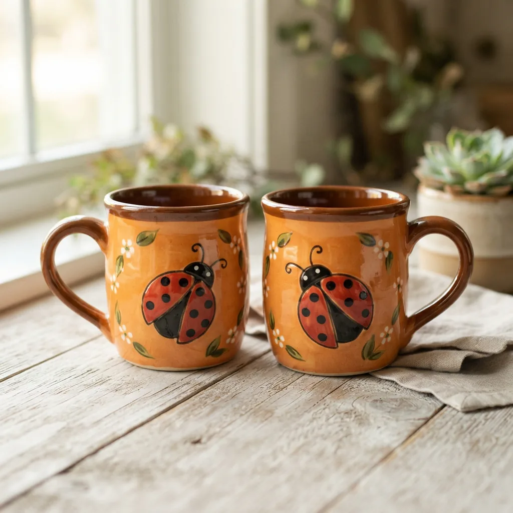 A pair of Spectrum Designz ladybug-themed ceramic mugs in a bright orange glaze, placed side by side on a garden-style table setting.