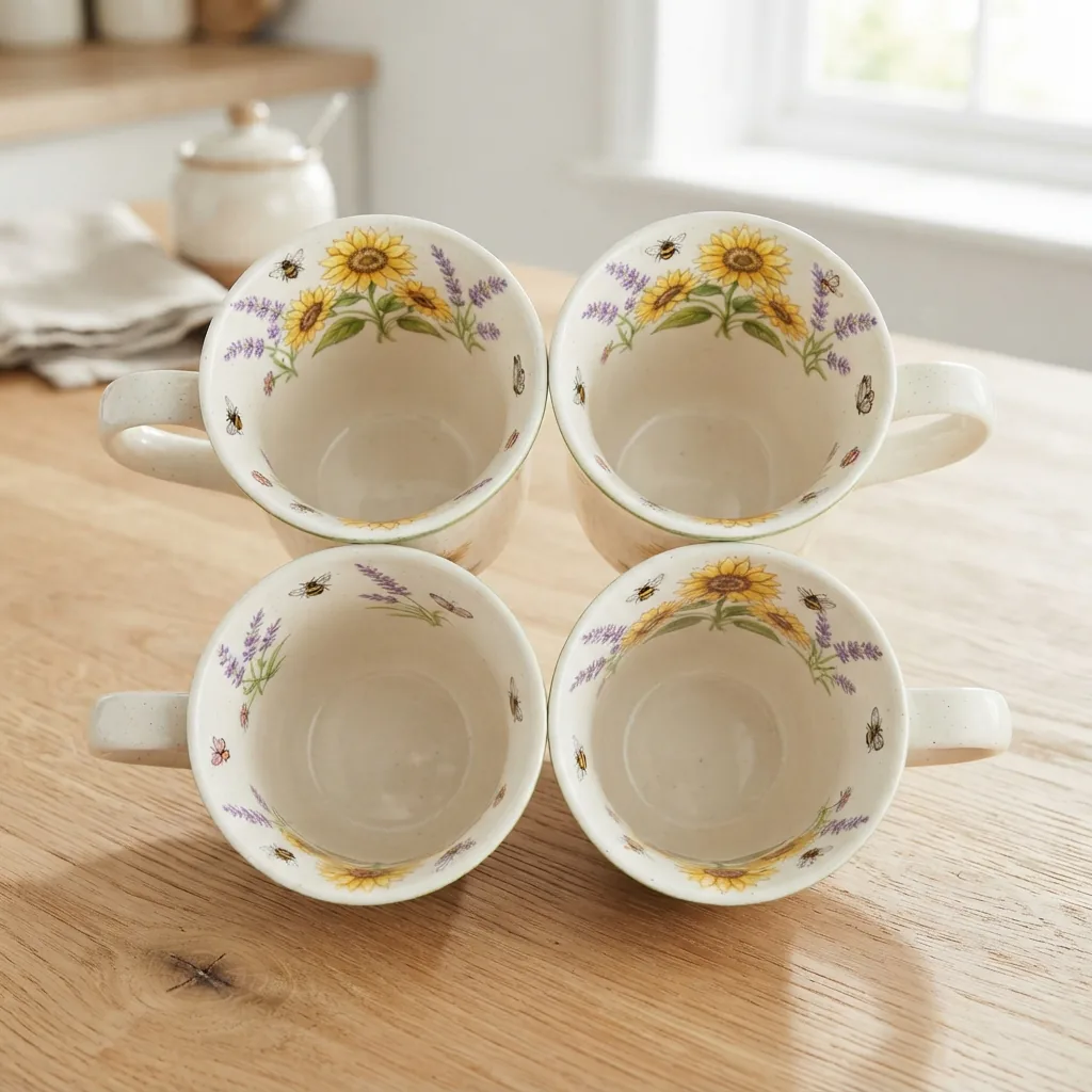 The Spectrum Designz Yellow Sunflower and Lavender Flower Garden Bee mugs, displayed together to show their complementary floral and insect designs.