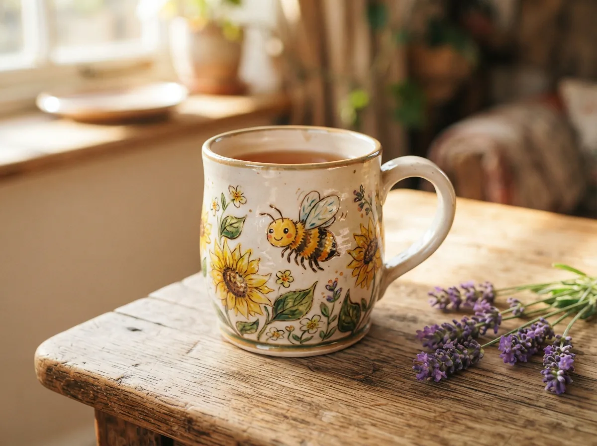 A whimsical, handcrafted ceramic mug with a bee design sits on a sunlit wooden table next to a blooming lavender plant, embodying the brand's artistic and craft-oriented spirit.