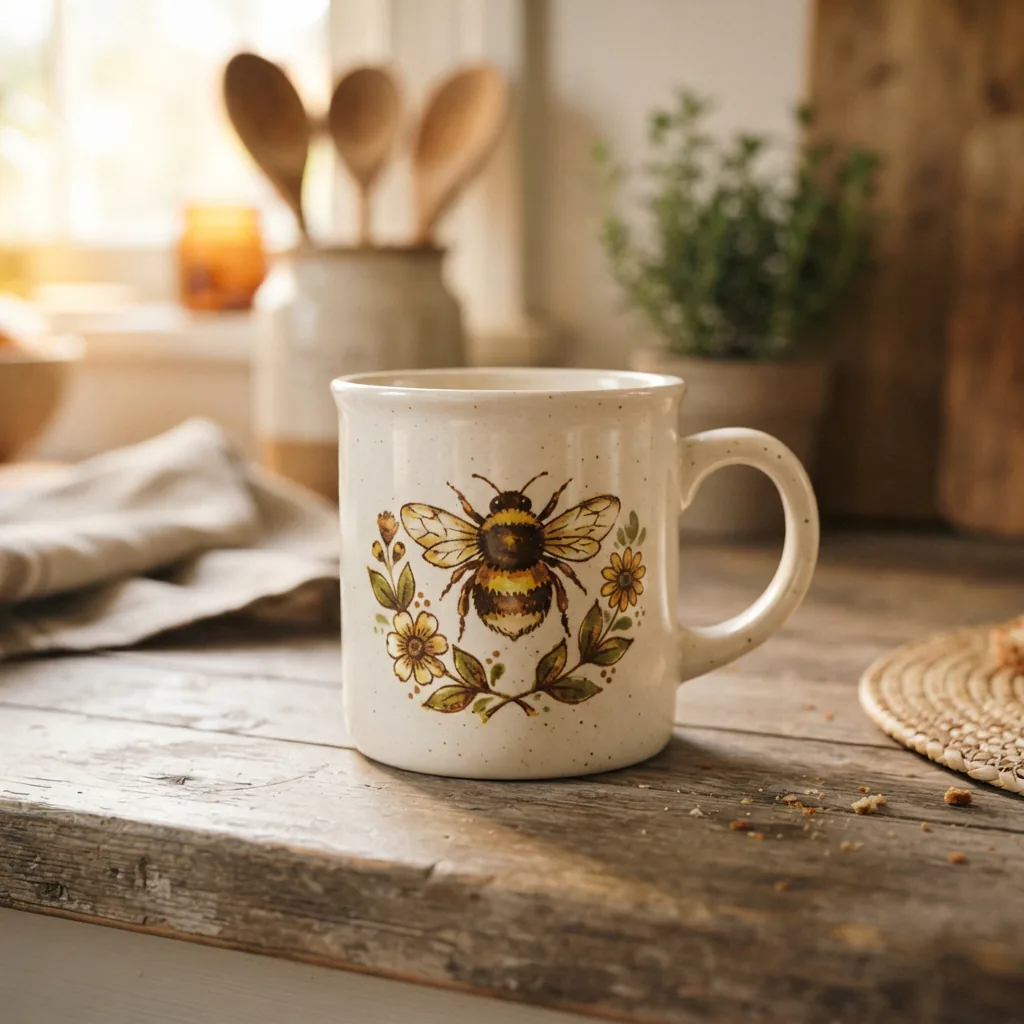 The vintage Spectrum Designz 'In Homestylez Denny Bee' coffee mug with a playful bee motif, shown against a simple kitchen backdrop.