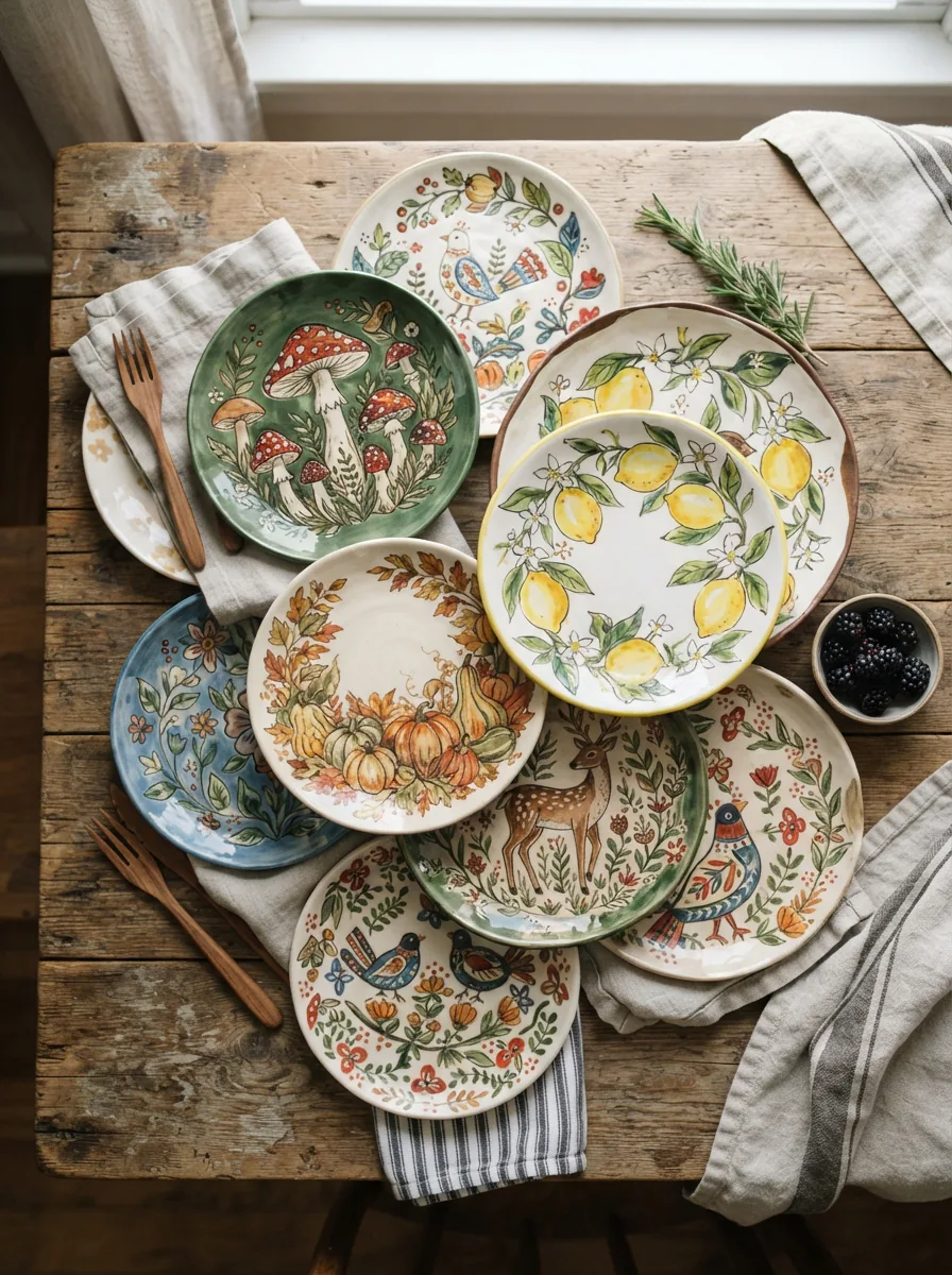 An arranged collection of Spectrum Designz ceramic plates with various nature-inspired designs displayed on a wooden table.