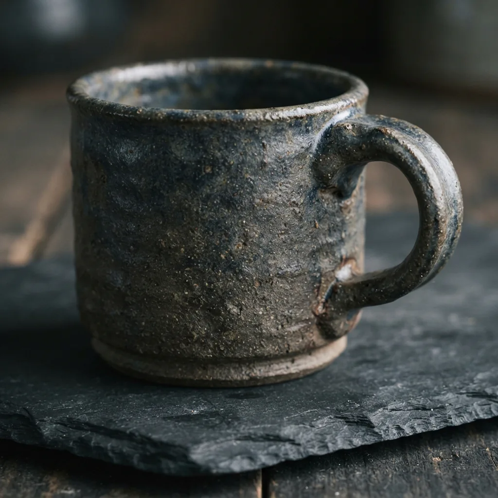 A close-up of the Spectrum Designz 2017 handmade stoneware mug, highlighting its textured, unglazed ceramic surface and simple, functional form.