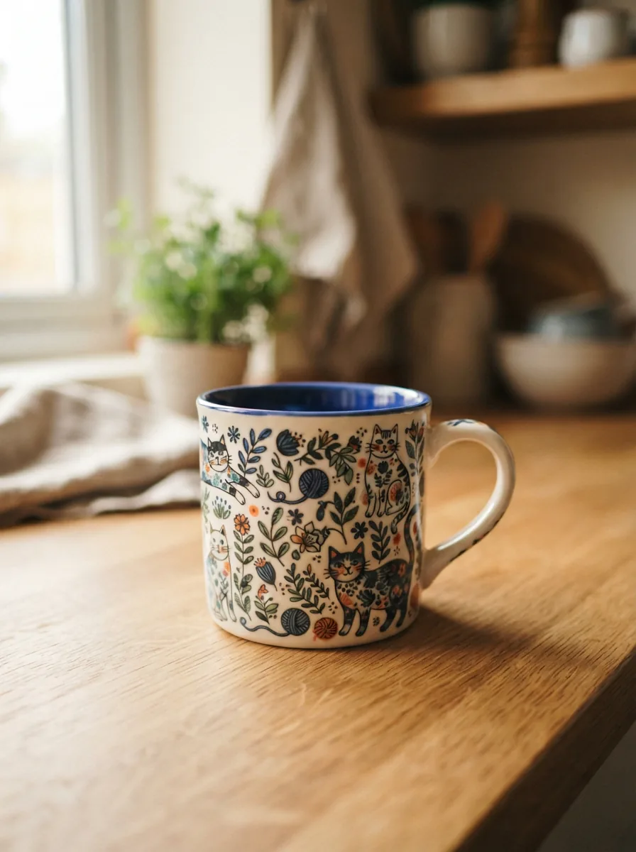 A close-up of a Spectrum Designz ceramic cat mug with a whimsical cat design and a colorful interior glaze.