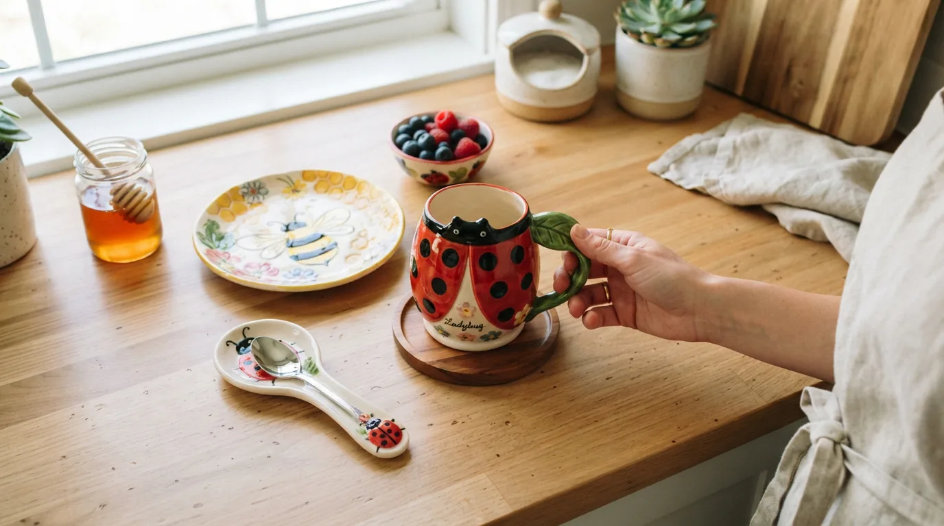 A collection of Spectrum Designz ceramic pieces, including mugs and plates, are arranged on a kitchen counter to showcase their unique, whimsical designs and high-quality finish.