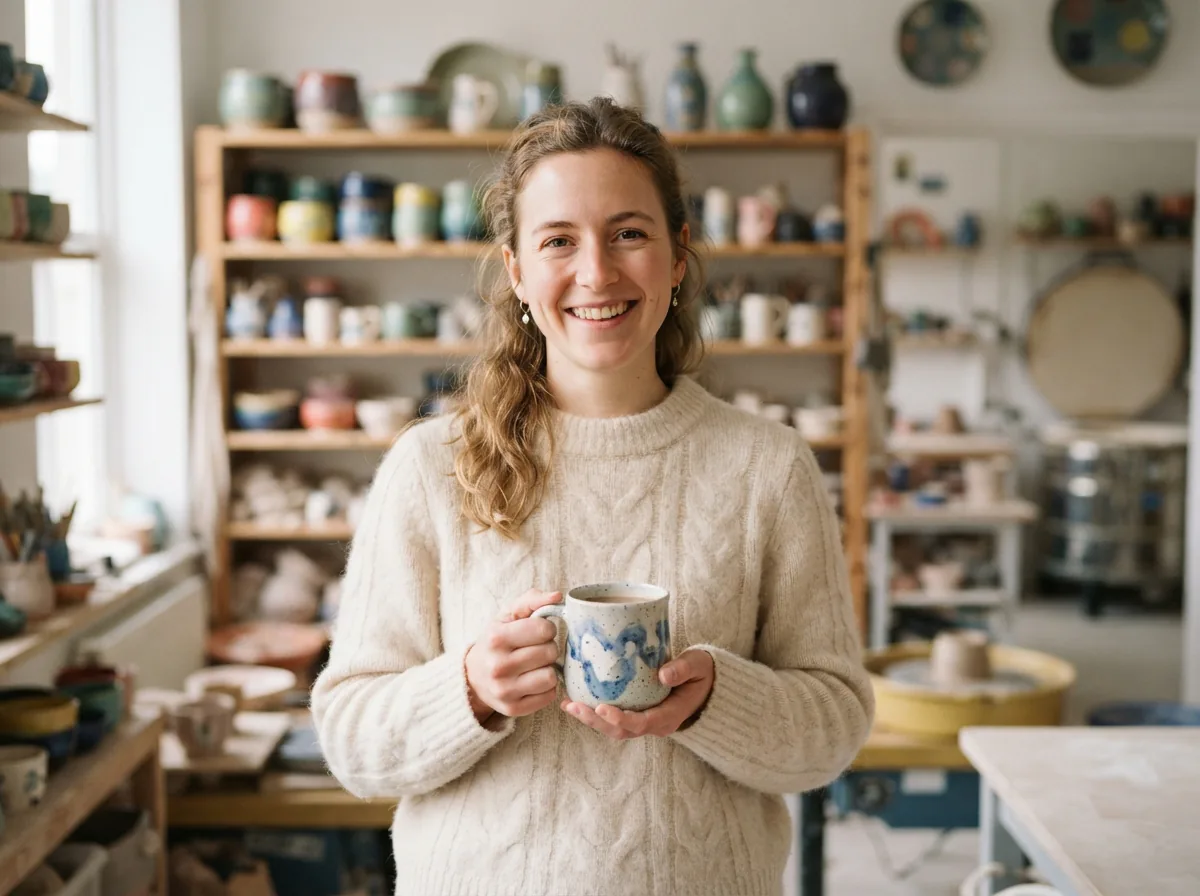 A friendly customer service representative smiles while holding a Spectrum Designz mug, set against a background of neatly organized pottery shelves, creating a helpful and approachable scene.