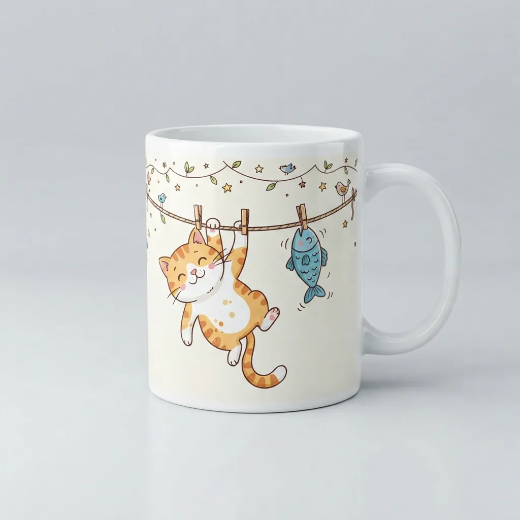 Spectrum Designz Happy Cat & Fish Hanging on the Line Coffee Tea Mug.