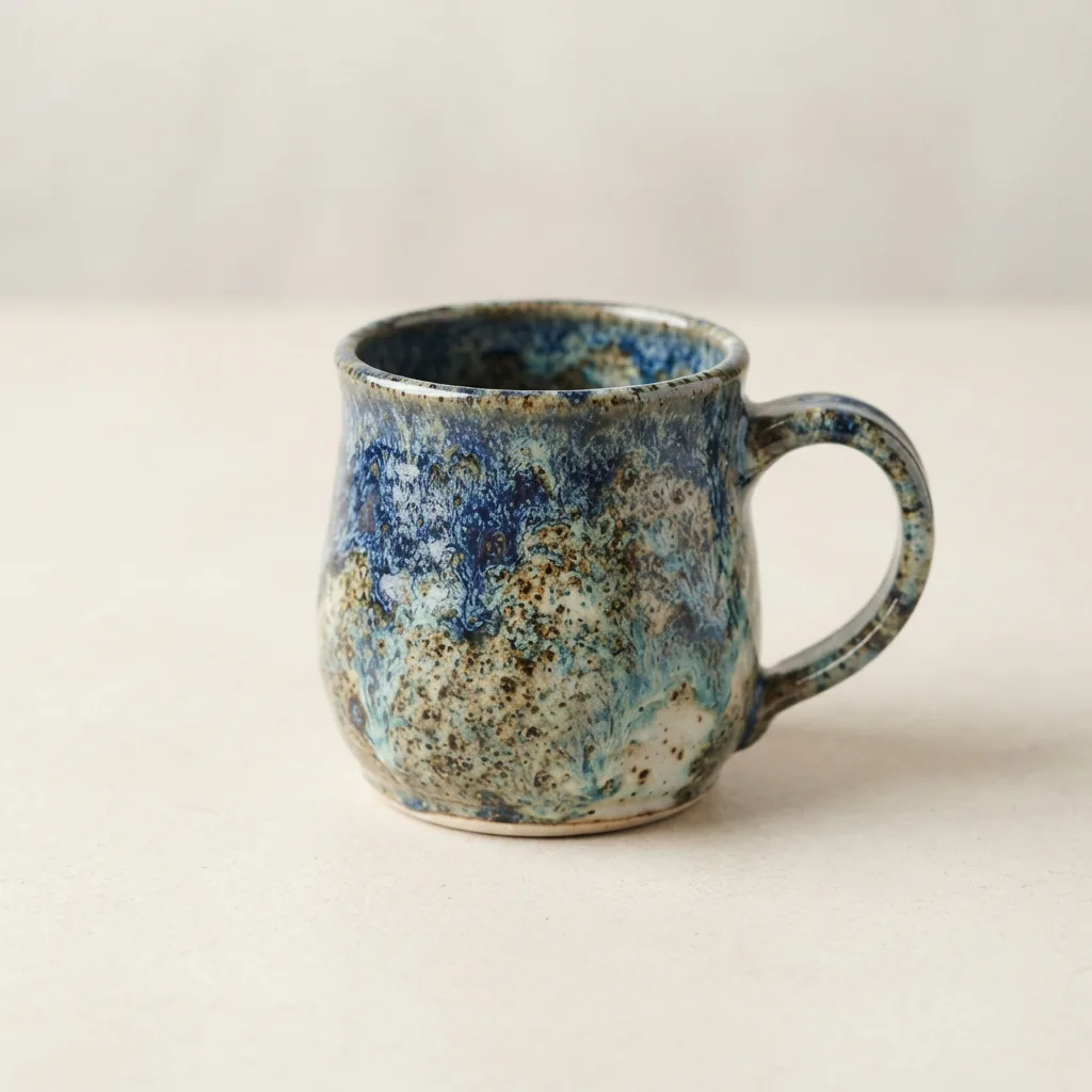 A single 2017 Spectrum Designz studio pottery coffee mug with a unique glaze pattern sits on a kitchen counter, highlighting its artisanal, handcrafted appearance.
