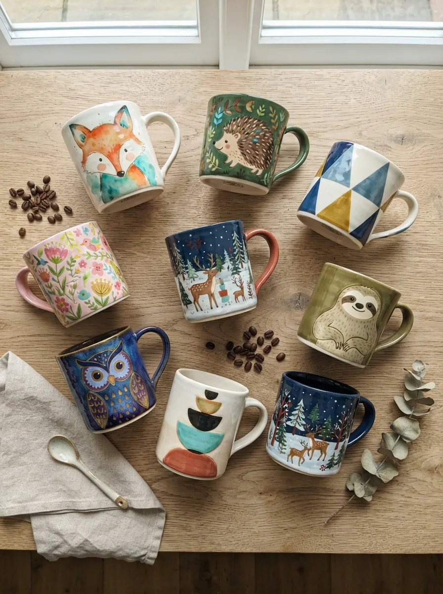 A vibrant display of Spectrum Designz ceramic mugs with unique artistic patterns and animal motifs.