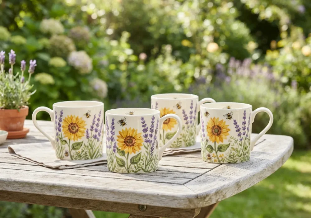 The complete Spectrum Designz Yellow Sunflower and Lavender Flower Garden Bee Mug Set is displayed on a garden table, highlighting the vibrant floral and bee motifs across the ceramic pieces.